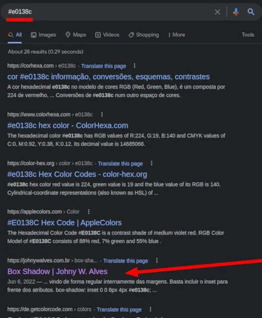 Resultado de pesquisa do Google Search com um seta vermelha na quinta posição