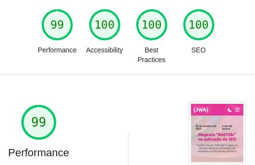 Relatório do Google Lighthouse com 100 pontos em performance, acessibilidade, boas práticas e seo