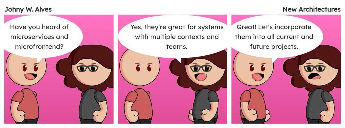 Quadro 1. Afonso fala "Já ouviu falar de microserviços e microfrontend?". Quadro 2. Msone fala "Sim, são ótimos para sistemas com vários contextos e vários times.". Quadro 3. Msone chocada. Afonso fala "Que ótimo! Vamos incorporar em todos projetos atuais e futuros.".