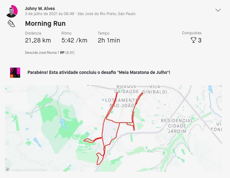 Estatística de treino com o trajeto e 21 quilômetros em 2 horas