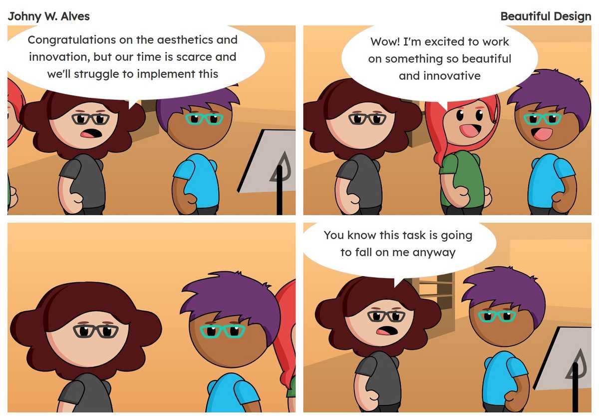 Quadro 1. Rafiq na mesa desenhando Msone fala "Parabéns pela estética e inovação, mas nosso tempo é escasso vamos ter dificuldades para implementar isso". Quadro 2. Sophie entra na sala Sophie fala "Nossa! Estou ansiosa para trabalhar com algo tão belo e inovador". Quadro 3. Msone e Rafiq se olham em silêncio enquanto Sophie sai da sala. Quadro 4. Msone fala "Você sabe que vai sobrar para mim essa tarefa de qualquer maneira".