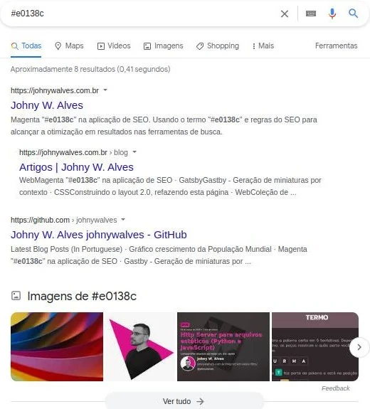 Resultado de pesquisa no Google Search para o termo "#e0138c", magenta vibrante, onde a primeira, segunda, terceira posições e imagens são todos uma referência a Johny W. Alves