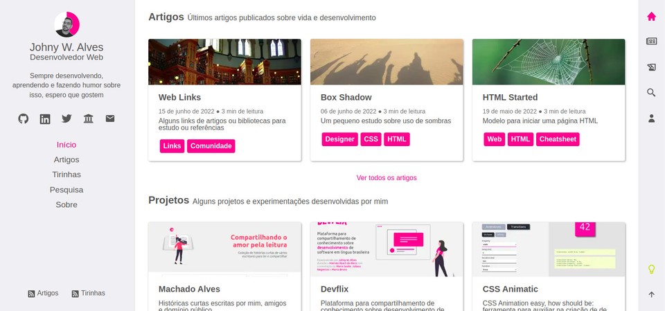 Interface do site com listagens três artigos e três projetos
