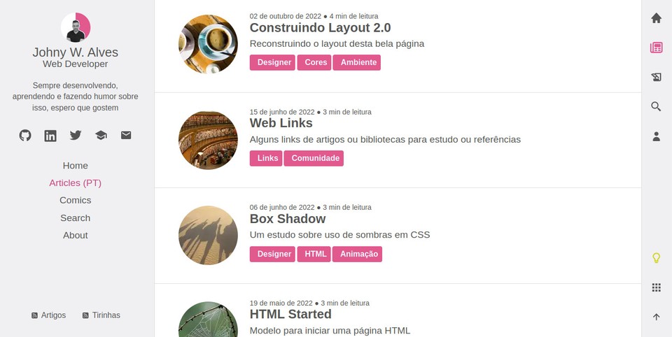Lista de artigos com barra lateral com foto pequena e links