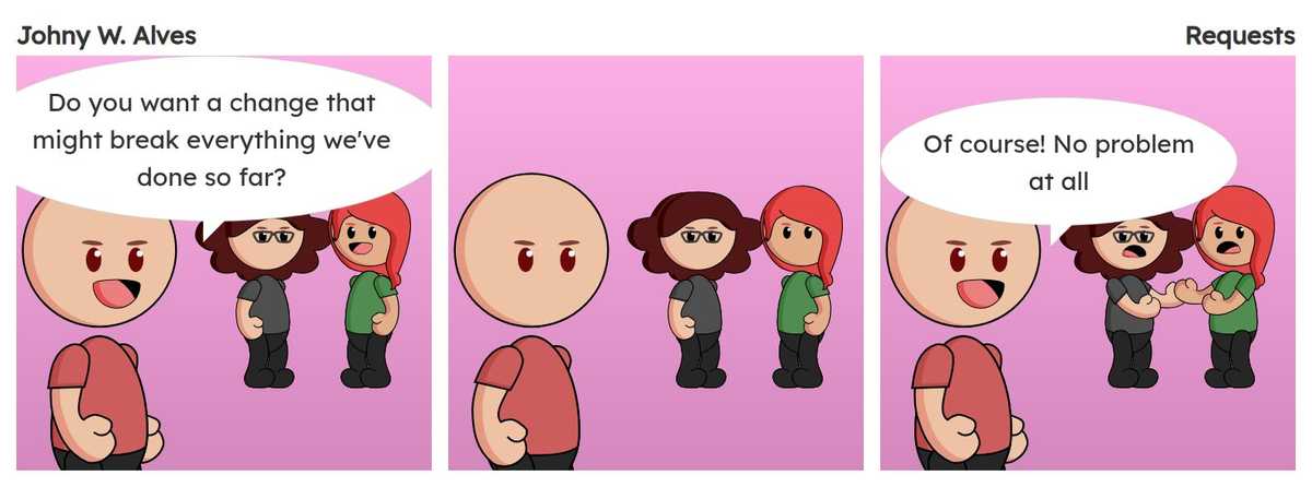 Quadro 1. Afonso fala "Você quer uma alteração que possivelmente vai quebrar tudo que fizemos até agora?". Quadro 2. Msone e Sophie assistem de longe esperando a resposta. Quadro 3. Msone e Sophie chocadas Afonso fala "Claro! Sem problema nenhum".