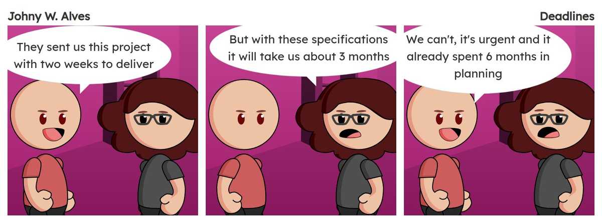 Quadro 1. Afonso fala "Mandaram este projeto para nós com uma quinzena para entrega". Quadro 2. Msone fala "Mas com essas especificações vamos demorar uns 3 meses". Quadro 3. Afonso fala "Não podemos, ele é urgente e já passou 6 meses em planejamento".