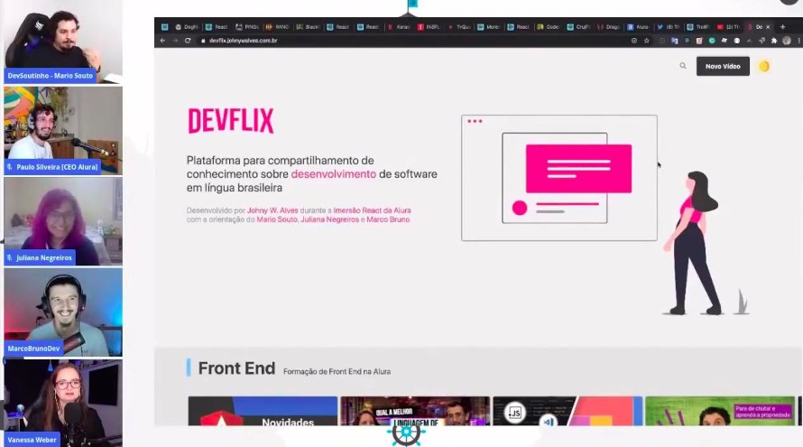 Live com 6 pessoas apresentando uma página com o título Devflix