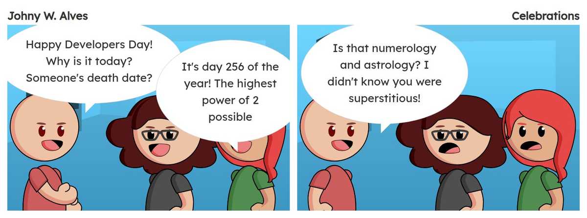 Tirinha com título Felicitações e conteúdo Quadro 1. Afonso fala "Felicitações para o dia dos desenvolvedores! Por que é hoje? Data de morte de alguém?" Sophie fala "É o dia 256 do ano! A maior elevação de 2 possível". Quadro 2. Msone fala "É numerologia e astrologia? Não sabia que eram supersticiosas!".