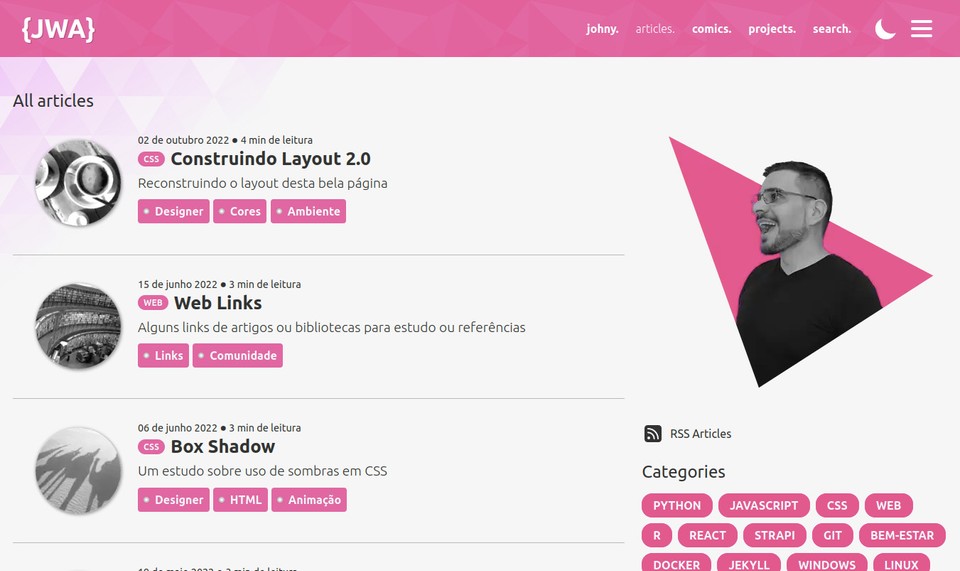 Lista de artigos com barra no topo com links e uma foto grande dentro de um triângulo